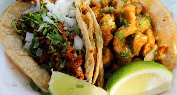 Image of Al pastor and chicharron tacos from Pueblo Viejo.